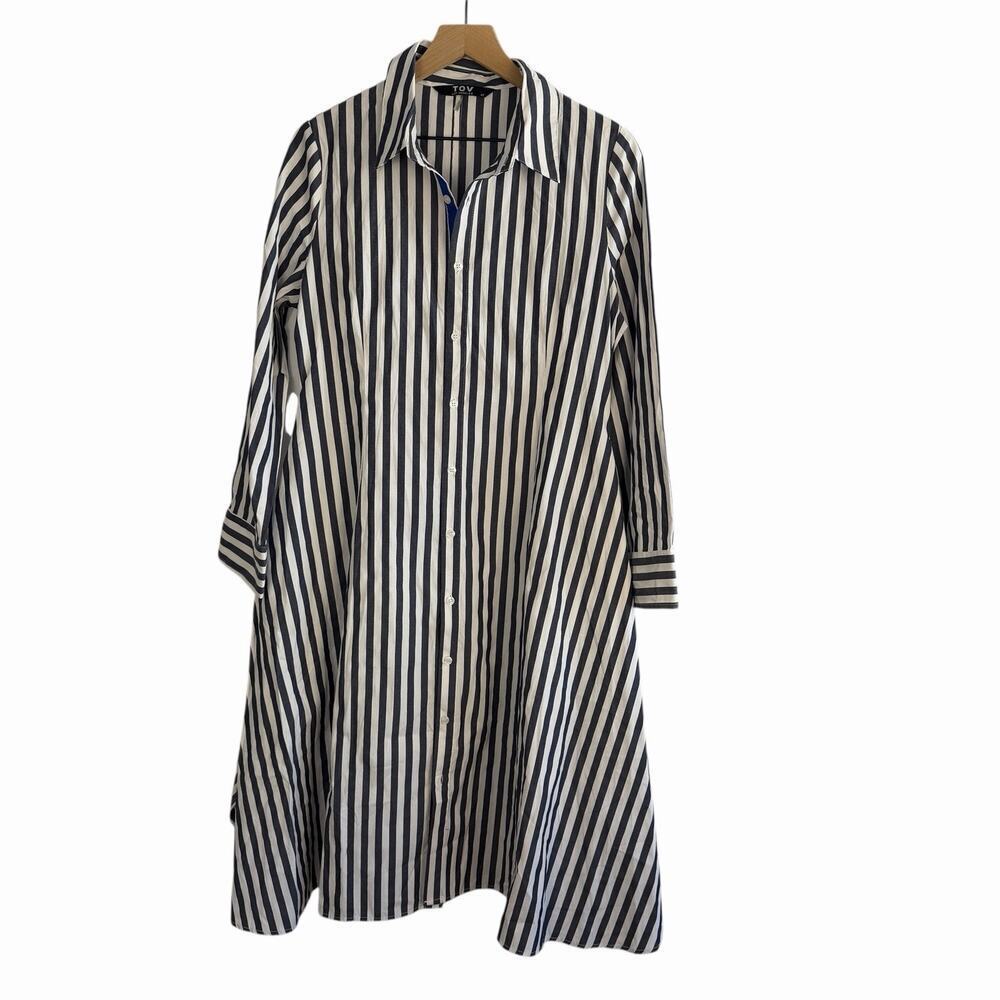 Striped Midi Shirt Dress - Navy and White